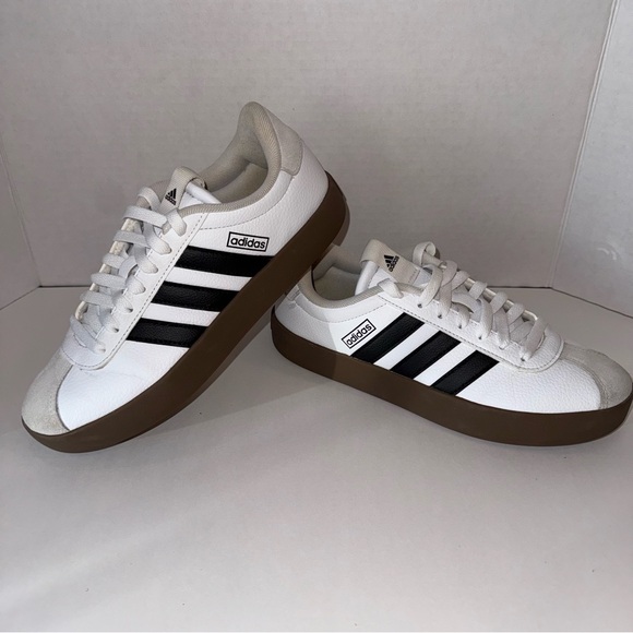 adidas Shoes - Adidas VL Court Low Top Women’s White and Black Leather Sneakers with Brown Sole